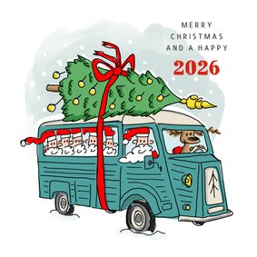 Kerstkaart oldtimer bus met kerstmannen en kerstboom