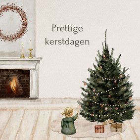 Kerstkaart open haard kerstboom meisje cadeau