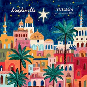 Kerstkaart oriëntaalse stad bethlehem en sterren hemel