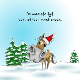 Kerstkaart paard met kerstmuts