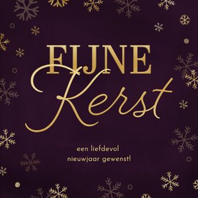 Kerstkaart paars gouden sneeuwvlokjes fijne kerst