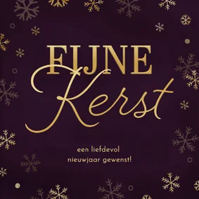 Kerstkaart paars gouden sneeuwvlokjes fijne kerst