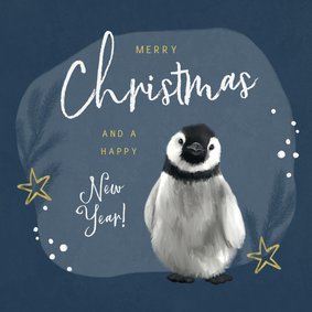 Kerstkaart pinguïn illustratie winter goud sterren