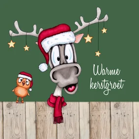 Kerstkaart Rendier met sjaal en vogel