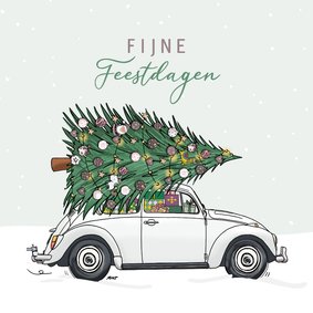 Kerstkaart retro volkswagen kever wit met kerstboom