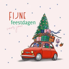 Kerstkaart rode auto met kerstboom