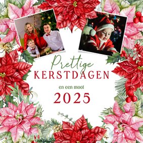 Kerstkaart rode en roze kerstbloemen kerstster