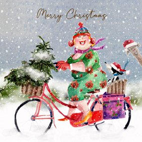 Kerstkaart rode fiets in de sneeuw