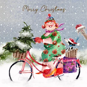 Kerstkaart rode fiets in de sneeuw