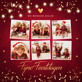 Kerstkaart rood fotocollage confetti goudlook