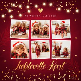 Kerstkaart rood fotocollage confetti goudlook