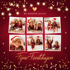 Kerstkaart rood fotocollage confetti goudlook