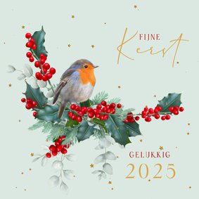 Kerstkaart roodborstje op hulsttakken met goud