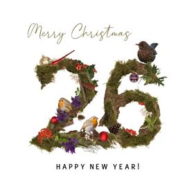 Kerstkaart roodborstjes en merel natuur 2026