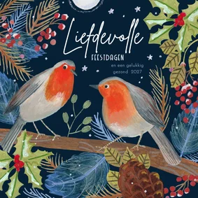 Kerstkaart roodborstjes in de natuur