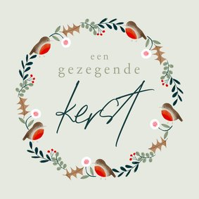 Kerstkaart roodborstjes kerstkrans gezegende kerst groen