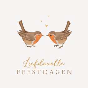 Kerstkaart roodborstjes liefdevol hartjes goud