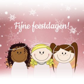 Kerstkaart roze met schattige engeltjes