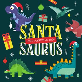 Kerstkaart Santasaurus dino vrolijk cadeautjes crazy