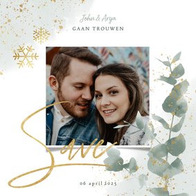 Kerstkaart save the date eucalyptus takje, spetters en foto