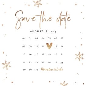 Kerstkaart save the date goud confetti sneeuwvlokken foto