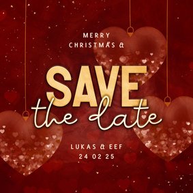 Kerstkaart save the date met hartjes kerstballen rood