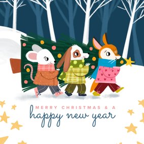 Kerstkaart Schattige bende met kerstboom vierkant