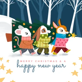 Kerstkaart Schattige bende met kerstboom vierkant