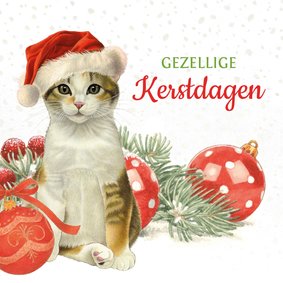 Kerstkaart schattige kat met kerstmuts