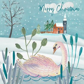 Kerstkaart 'seven swans a swimming' illustratie