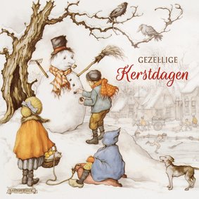 Kerstkaart sneeuwpop met spelende kinderen