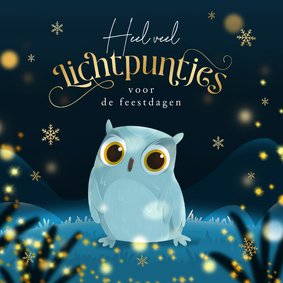 Kerstkaart sneeuwuiltje lichtpuntjes dikke knuffel sterkte