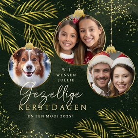 Kerstkaart sprankelend goudlook fotocollage kerstballen