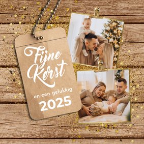 Kerstkaart sprankelend stoer hout goud confetti foto label