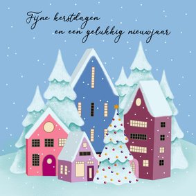 Kerstkaart - Stad in de sneeuw