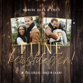Kerstkaart stijlvol donkere houtlook twee foto's goud