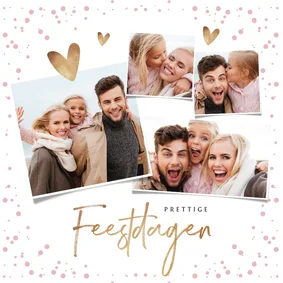 Kerstkaart stijlvol goudlook fotocollage en hartjes