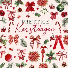 Kerstkaart strikjes en kerstballen met kersttakken