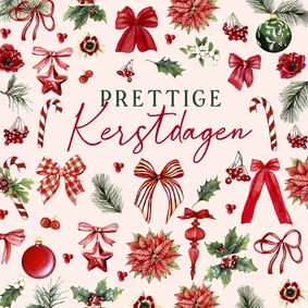 Kerstkaart strikjes en kerstballen met kersttakken