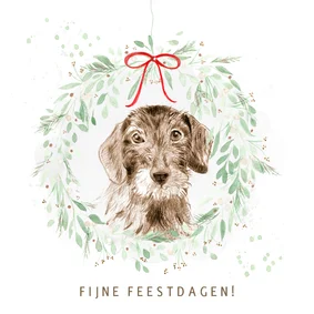Kerstkaart - Teckel in kerstkrans