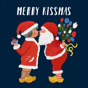 Kerstkaart (tegoedbon) met kussende Kerstman en kerstvrouw