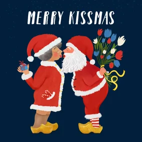 Kerstkaart (tegoedbon) met kussende Kerstman en kerstvrouw
