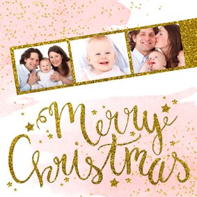 Kerstkaart tekst fotostrip glitter aquarel