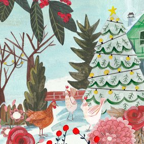 Kerstkaart 'three french hens' illustratie