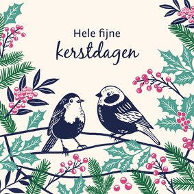 Kerstkaart twee wintervogels met kerstgroen in kleur