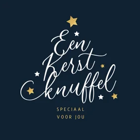 Kerstkaart typografie kerstboom kerstknuffel sterren goud