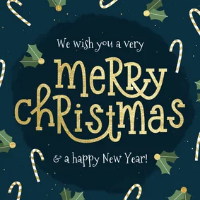 Kerstkaart typografisch met zuurstok en hulst goudlook