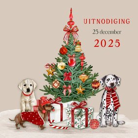 Kerstkaart uitnodiging kerstboom met hondjes