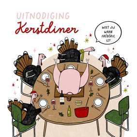 Kerstkaart uitnodiging kerstdiner kalkoen cartoon