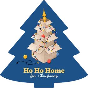 Kerstkaart verhuisbericht kerstboom dozen lampjes kerstbal